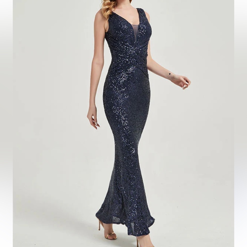 Cindy Sequin Sleeveless Sheer V-Neck Maxi Mermaid Gown